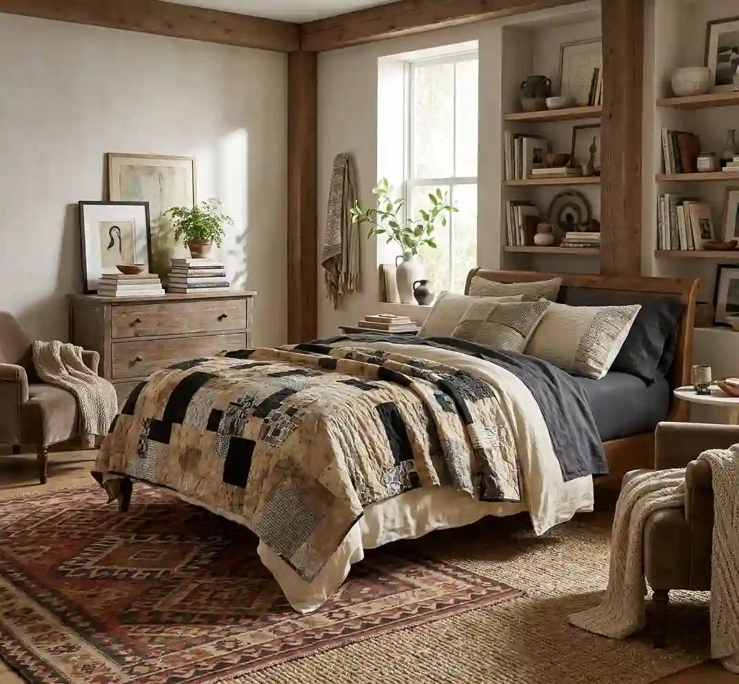 Inkstone King quilt shown in an eclectically styled bedroom.