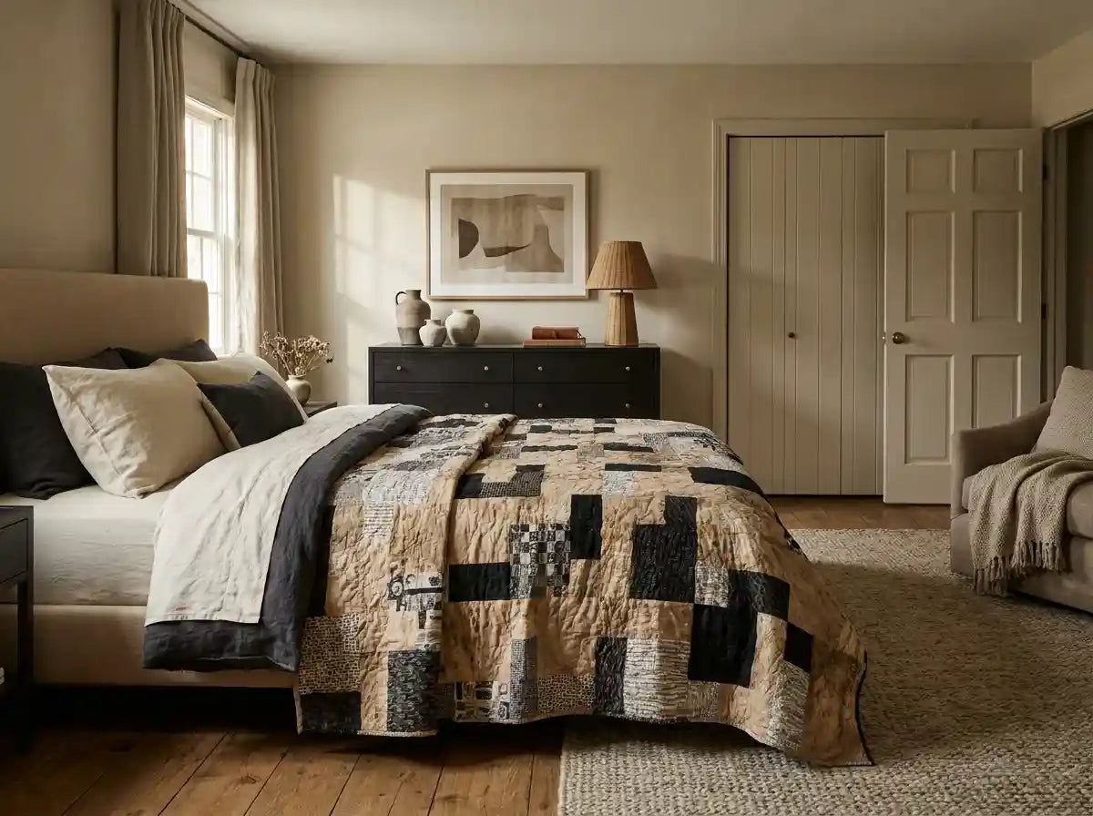 Inkstone King quilt shown in a sophisticated bedroom with black dresser and neutral walls.