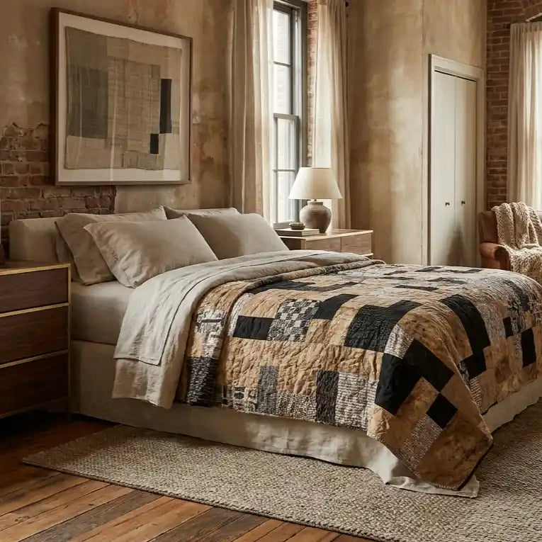 Inkstone King quilt shown in an urban loft bedroom setting.