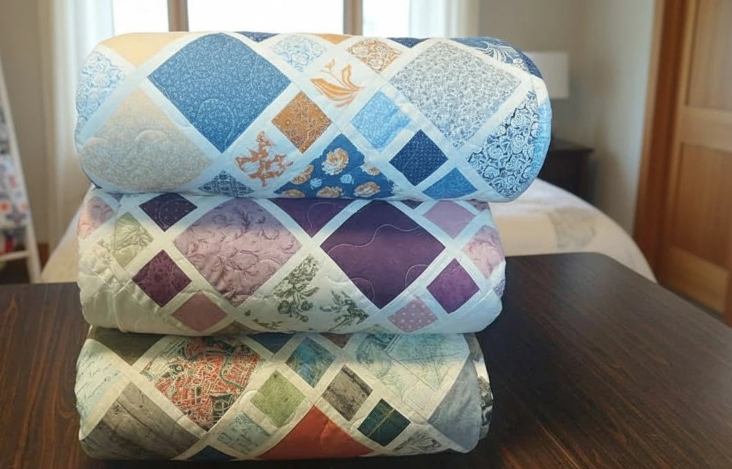 Stack of king quilts on wooden surface in bedroom