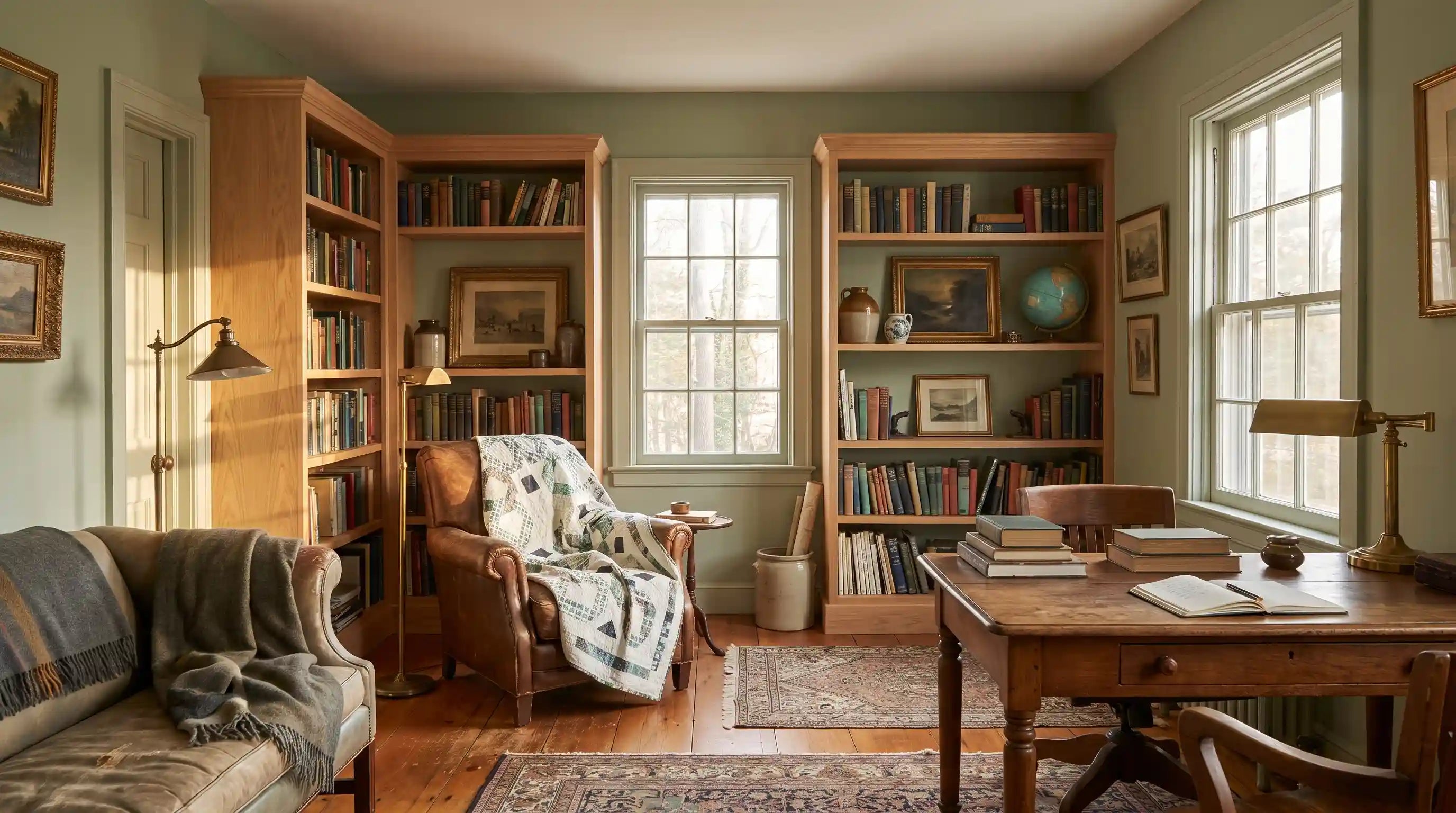 Links to the Past Lap Quilt shown draped over a tan leather chair in a traditional home library.