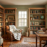 Links to the Past Lap Quilt shown draped over a tan leather chair in a traditional home library.