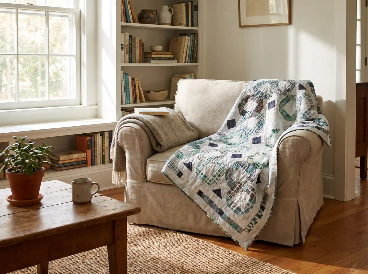 Links to the Past Lap Quilt shown draped on an oversized upholstered chair in a neutrally decorated reading nook.