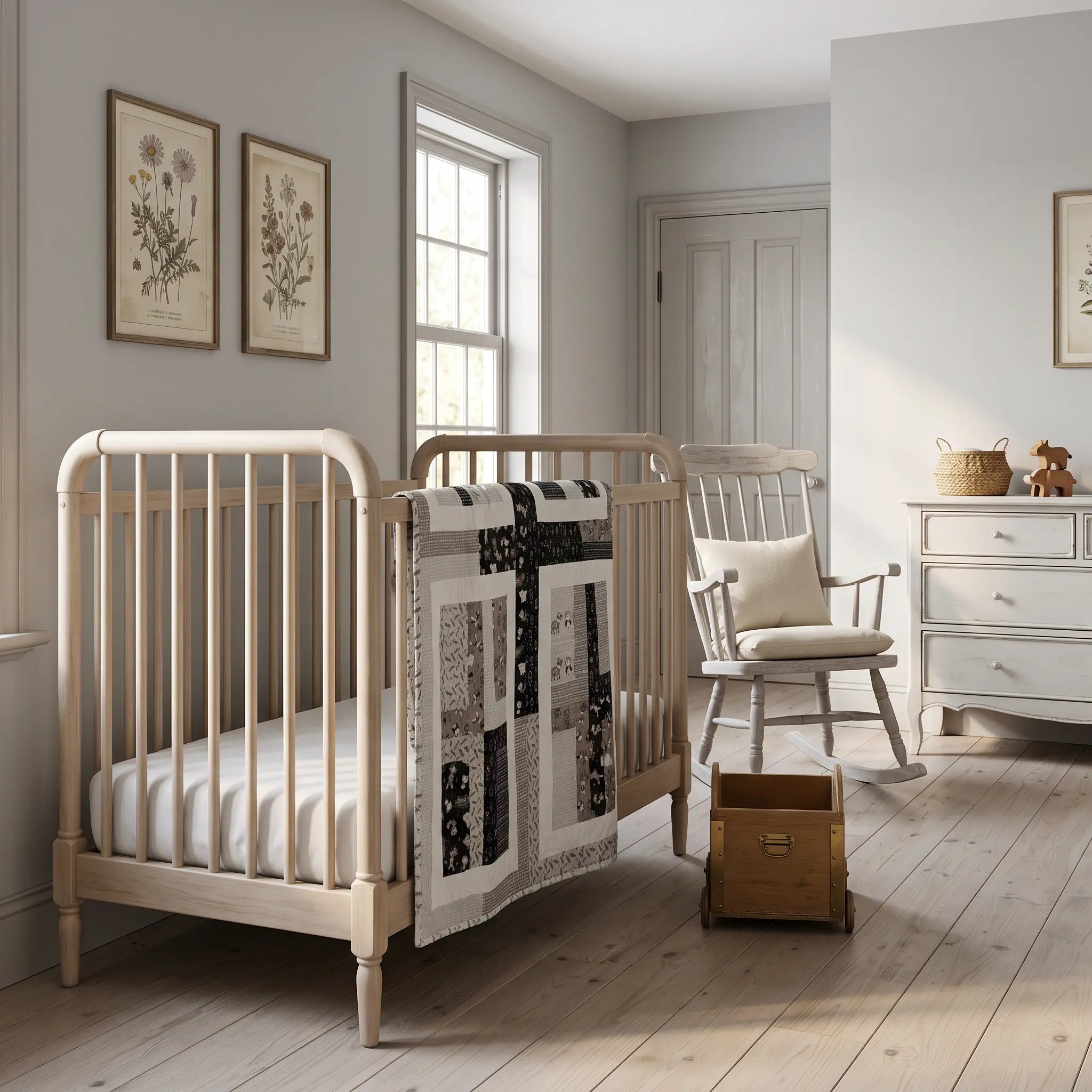 Little Framework Baby Quilt shown draped over a crib in a pale gray nursery.