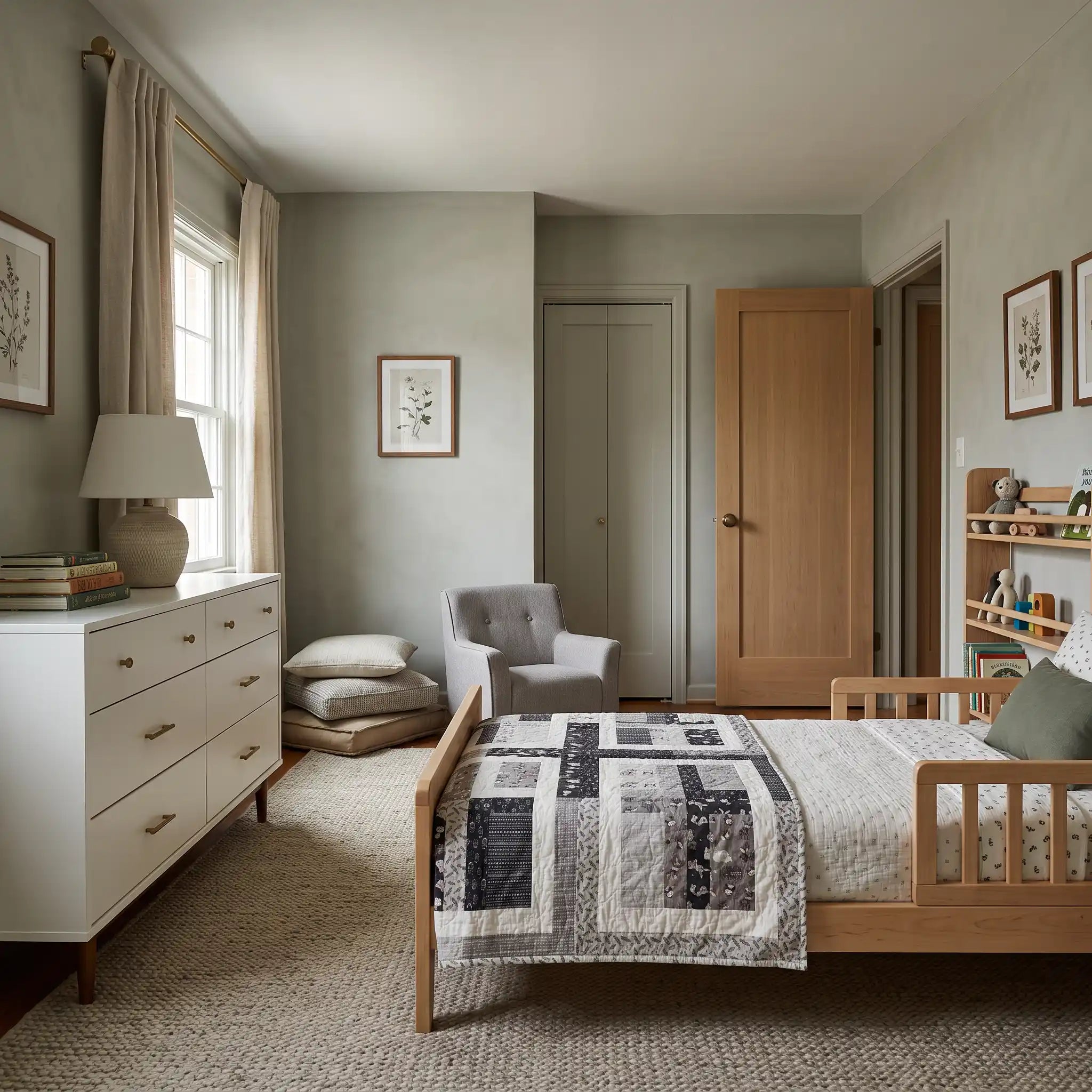 Little Framework Baby Quilt shown folded at the foot of a child's bed in a pale green bedroom.