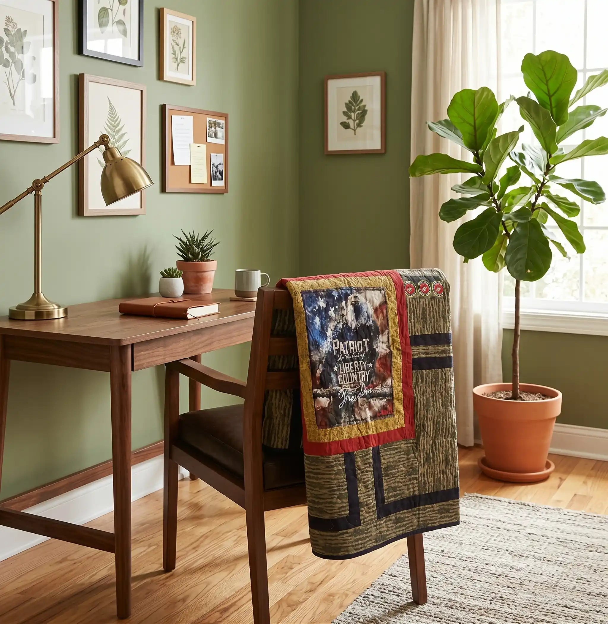 Marine Eagle Handmade Throw Quilt is draped over a wooden chair in a styled home office setting with a desk, lamp, and a large fiddle-leaf fig plant.