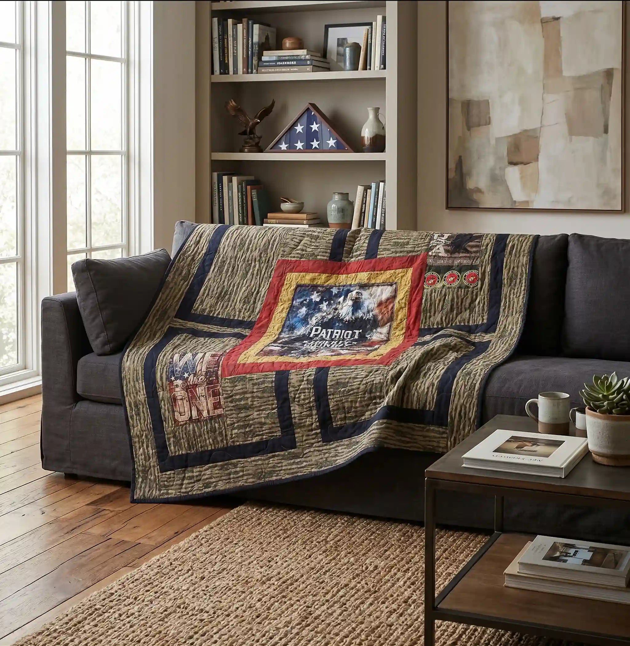 Marine Eagle Handmade Throw Quilt draped over a dark gray sofa in a living room setting. 