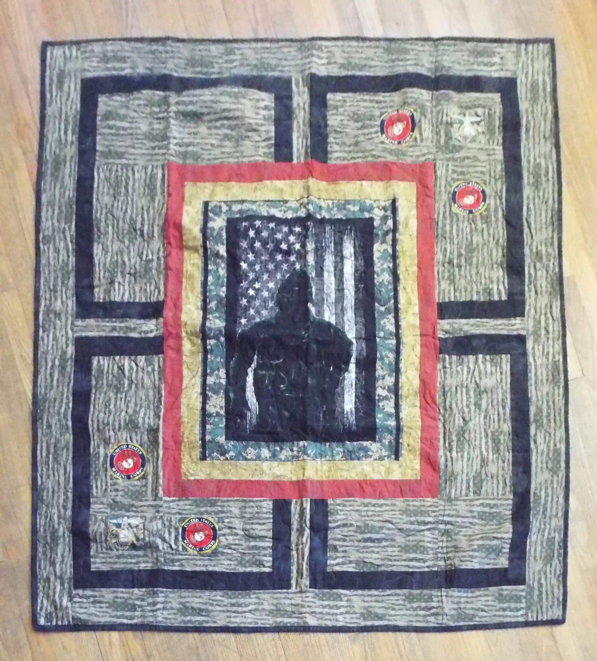 Flat lay of Marine Handmade Throw Quilt showing entire design.