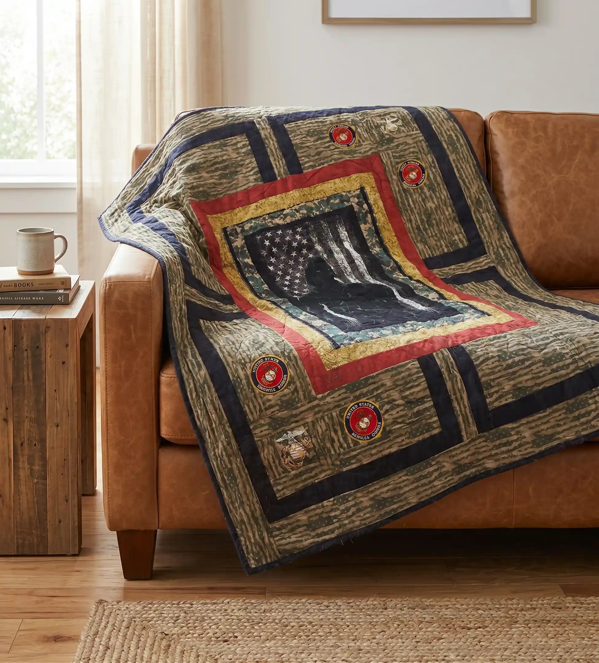 Marine Handmade Throw Quilt is draped over a brown leather sofa in a living room setting. 