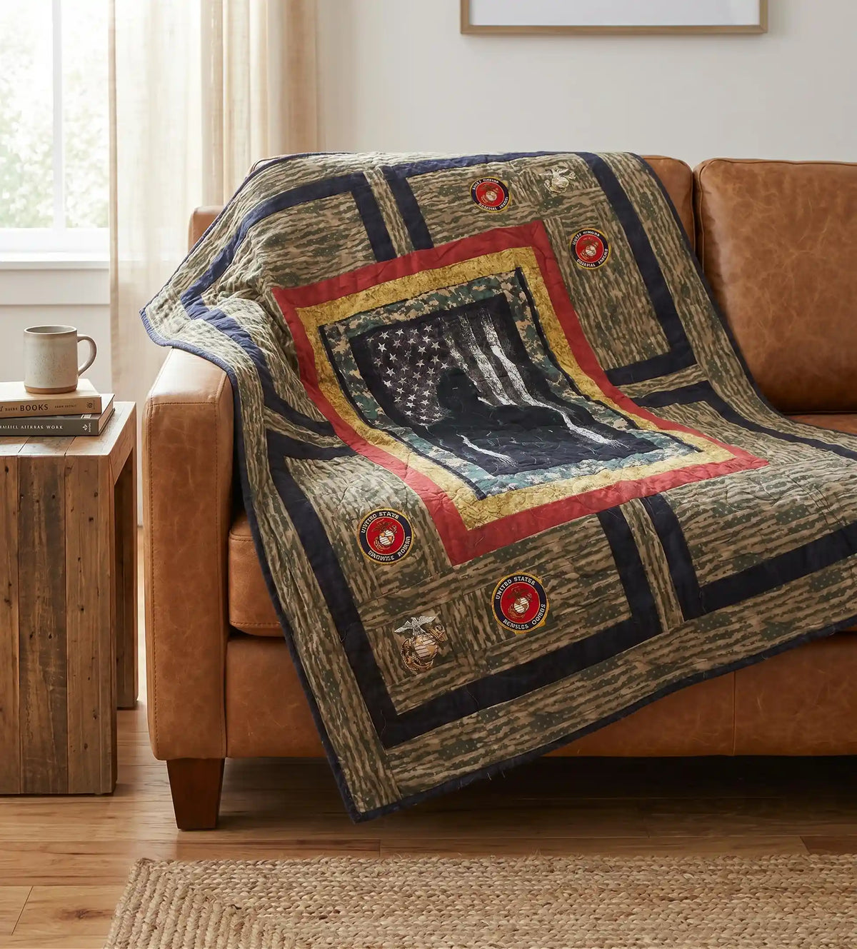 Marine Handmade Throw Quilt is draped over a brown leather sofa in a living room setting. 