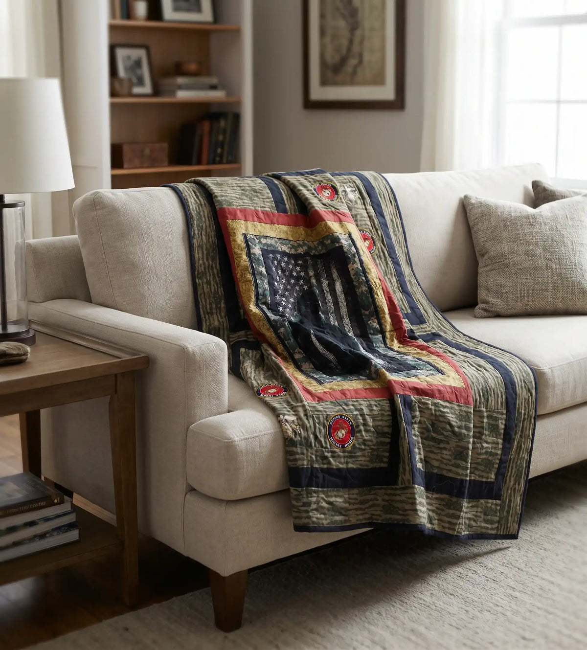 Marine Handmade Throw Quilt is draped over a light beige fabric sofa in a cozy living room setting.