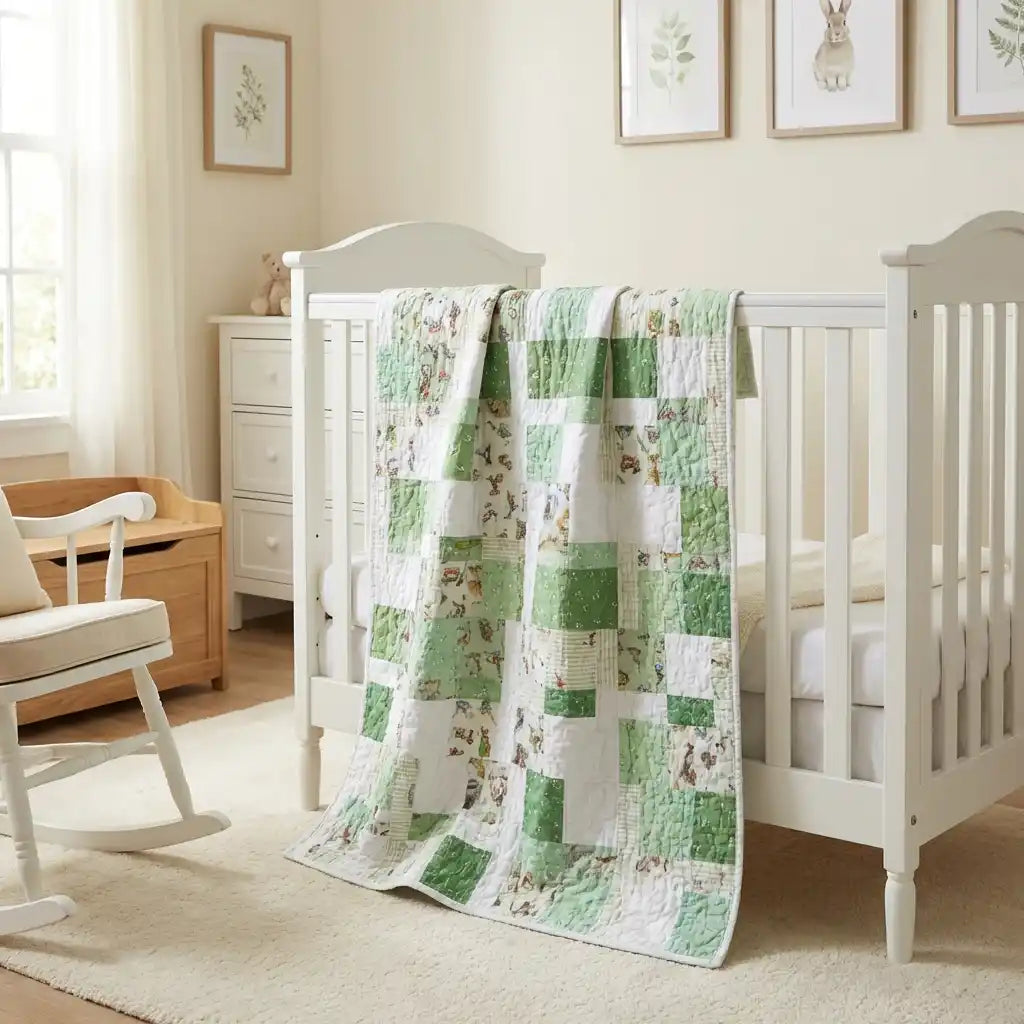 Meadow & Mischief shown over a white crib in a nursery