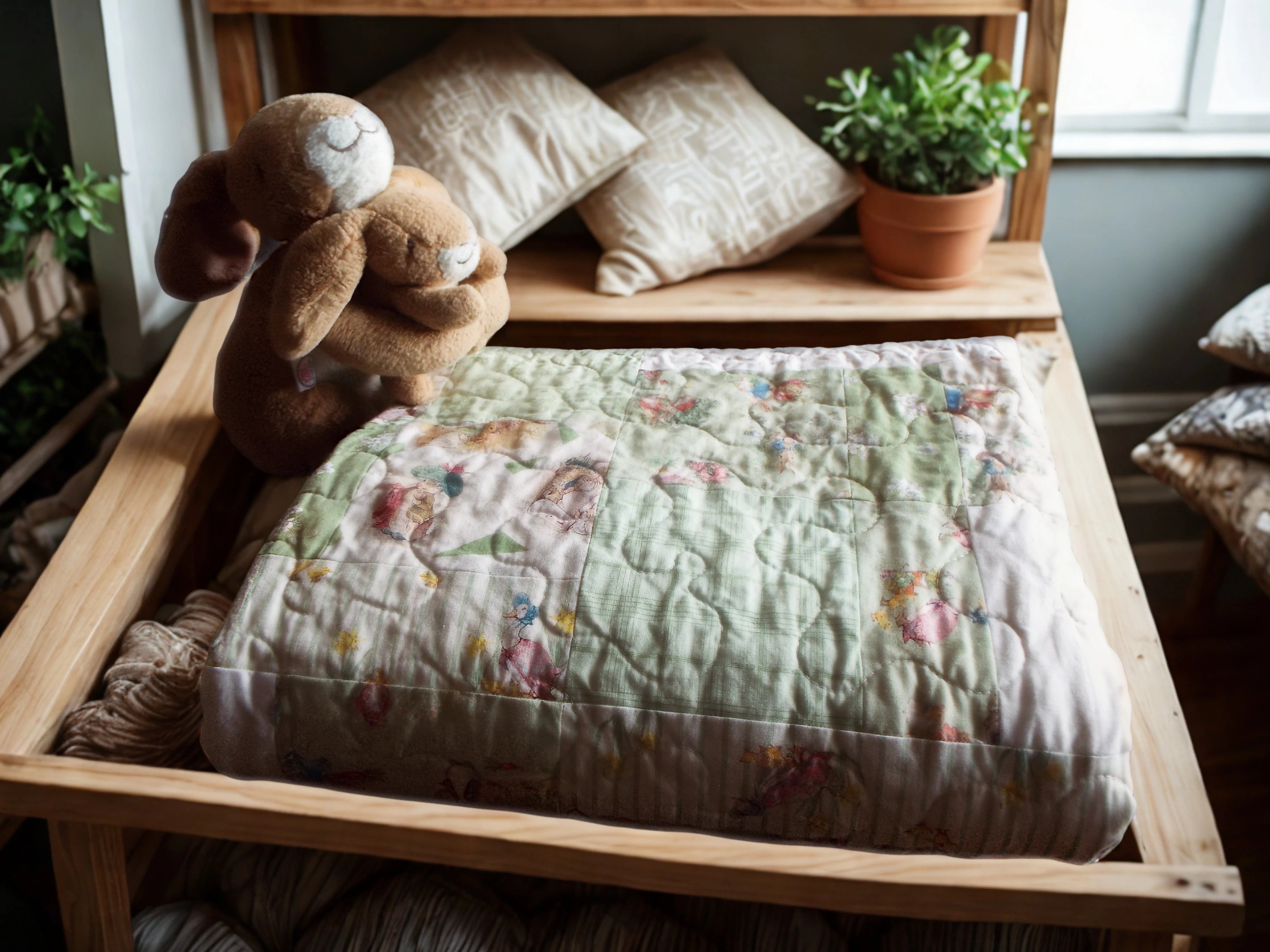 Folded green baby quilt with storybook bunny print, styled on a nursery bench with plush toys