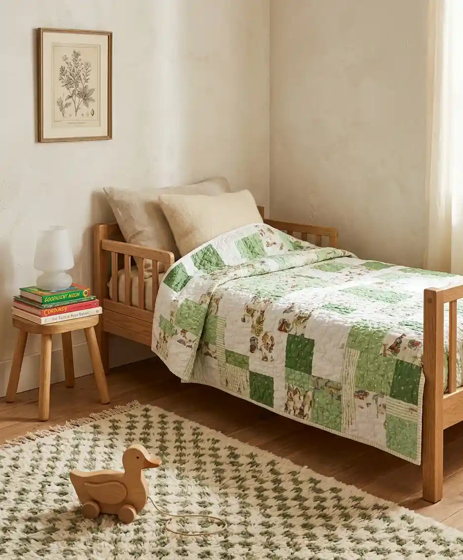 Meadow & Mischief shown on a toddler bed in a simply decorated child's room, showing the quilt can grow with the child.