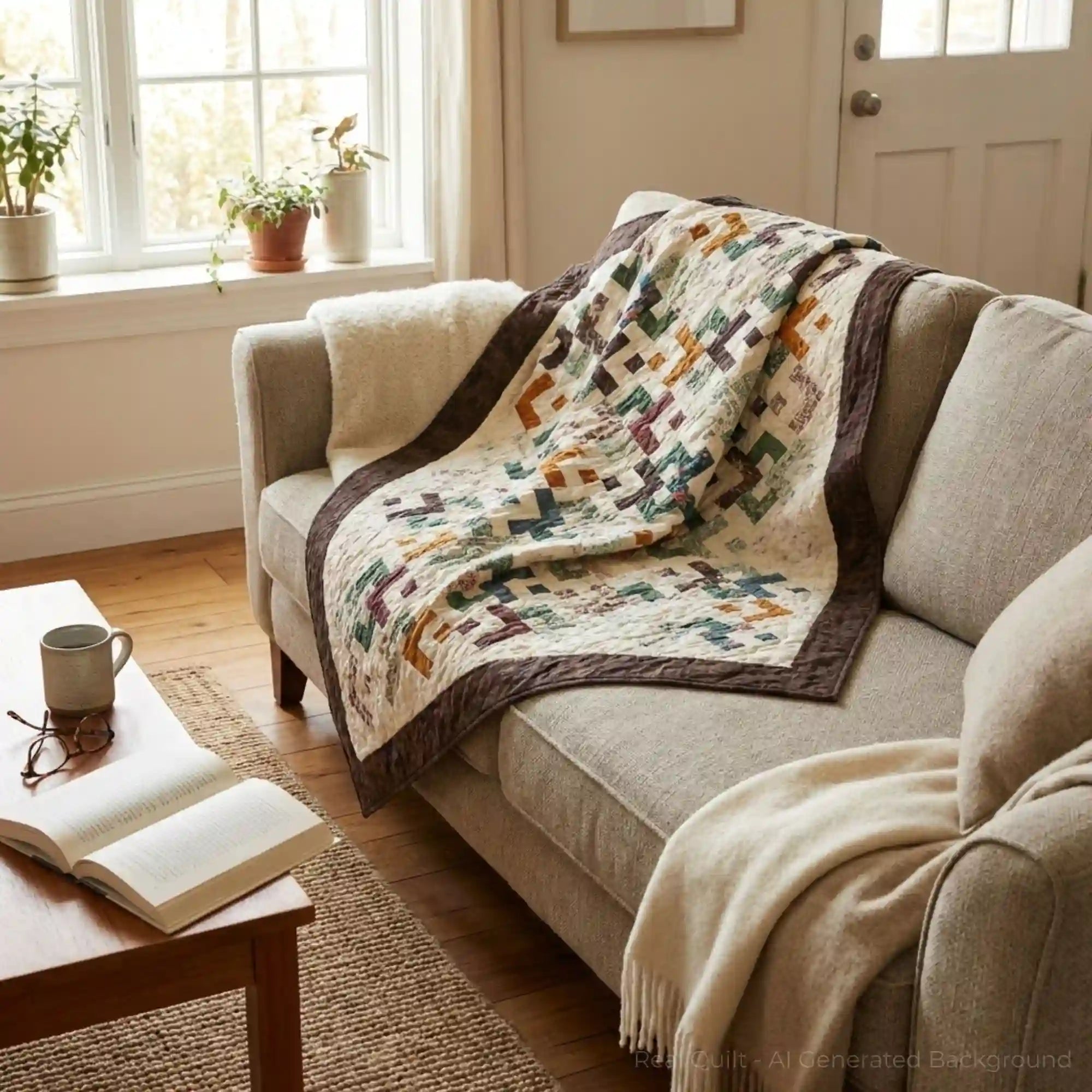Quilt shown draped over a neutral couch in a living room