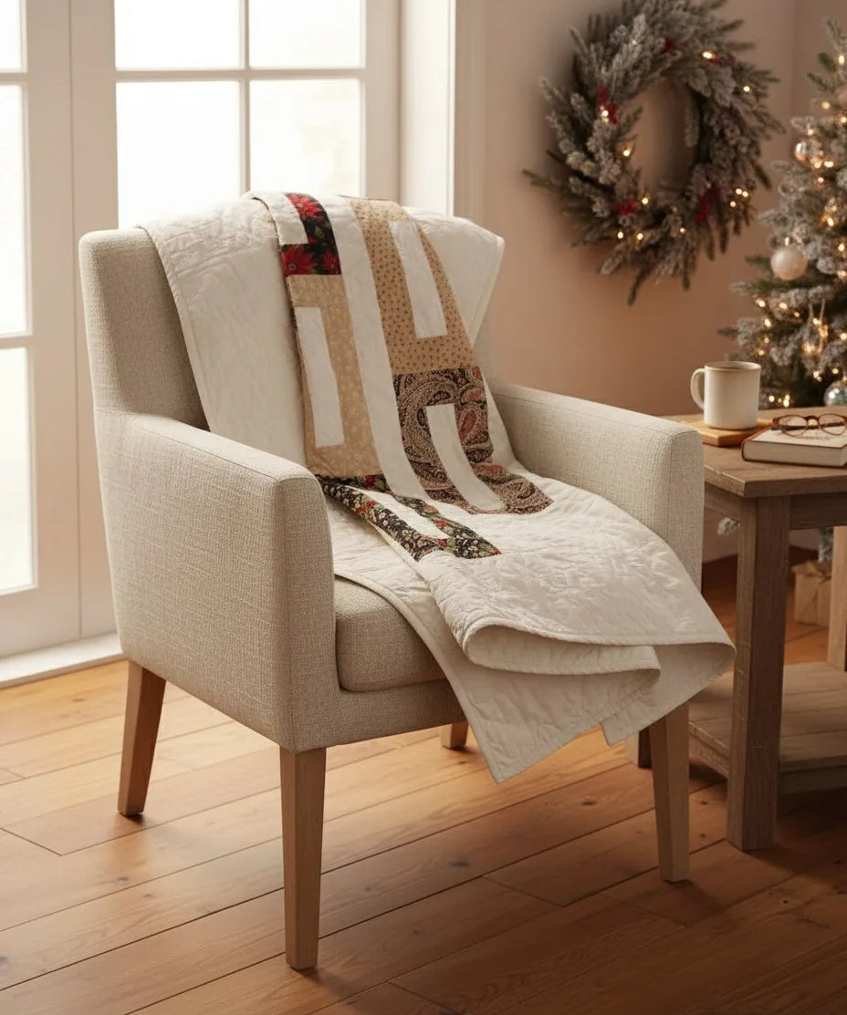 Elegant minimal holiday throw draped over the back of an armchair in the corner of a room
