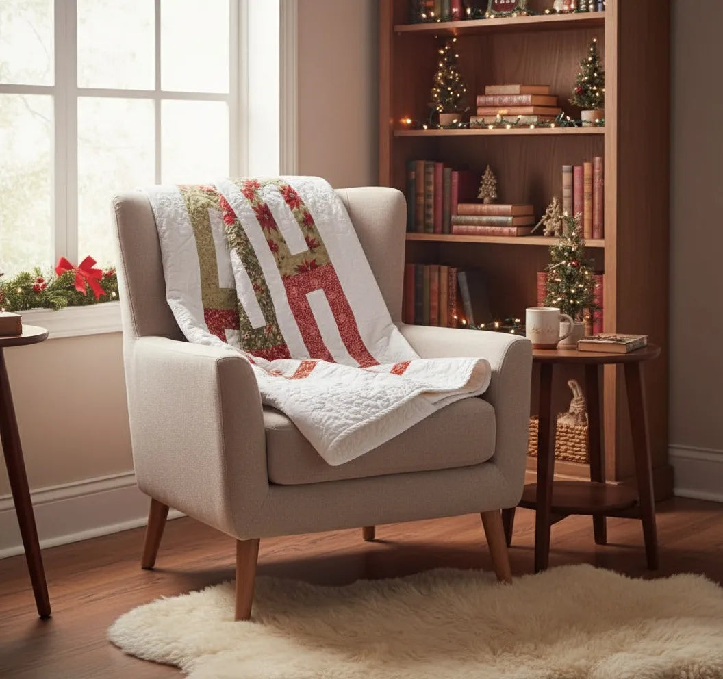 Holiday quilt draped over an armchair in a cozy reading nook