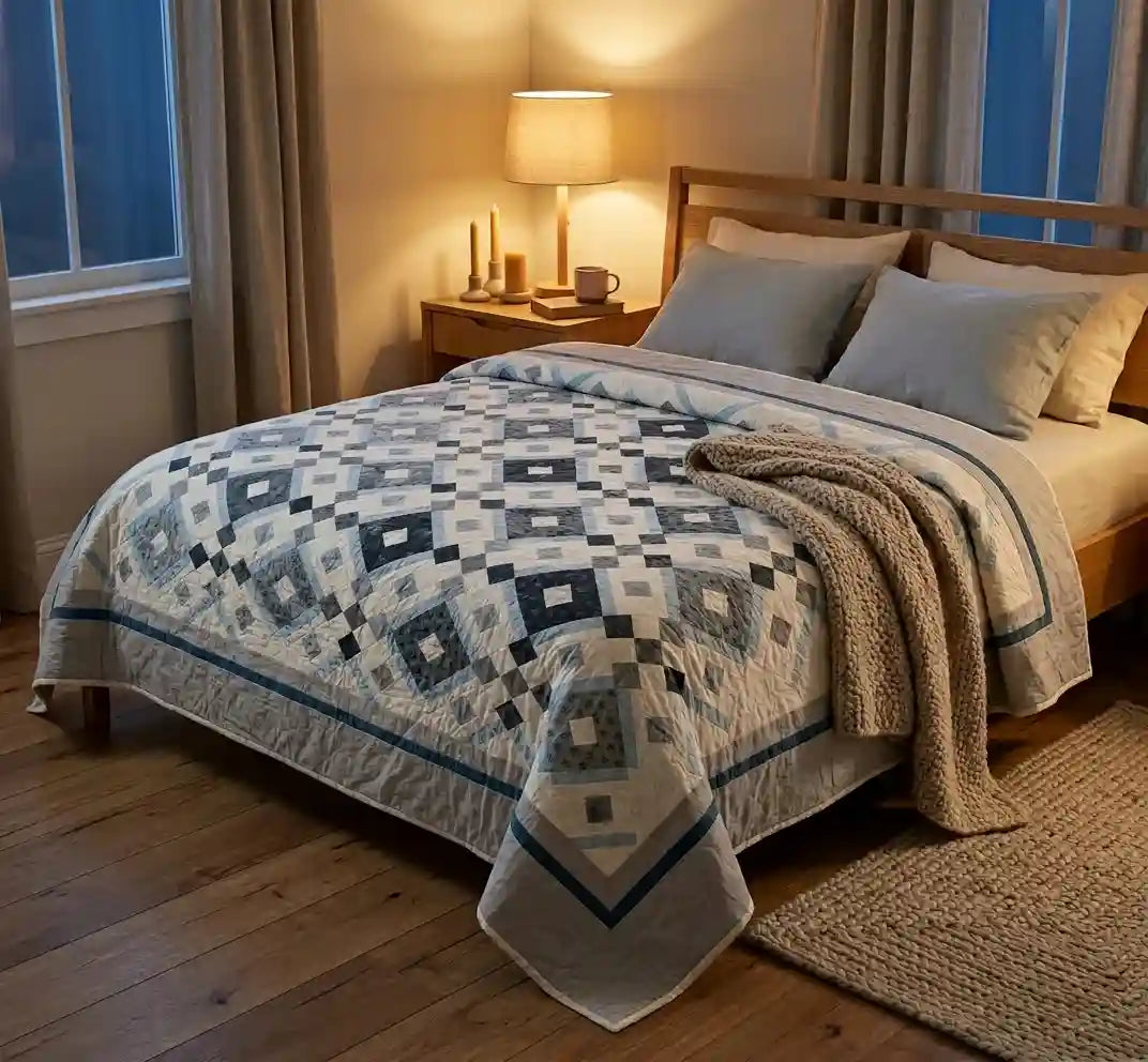Quilt shown on a wooden bed in a minimally styled room with bedside lamp on.