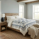 Quilt shown on bed in a minimally decorated room