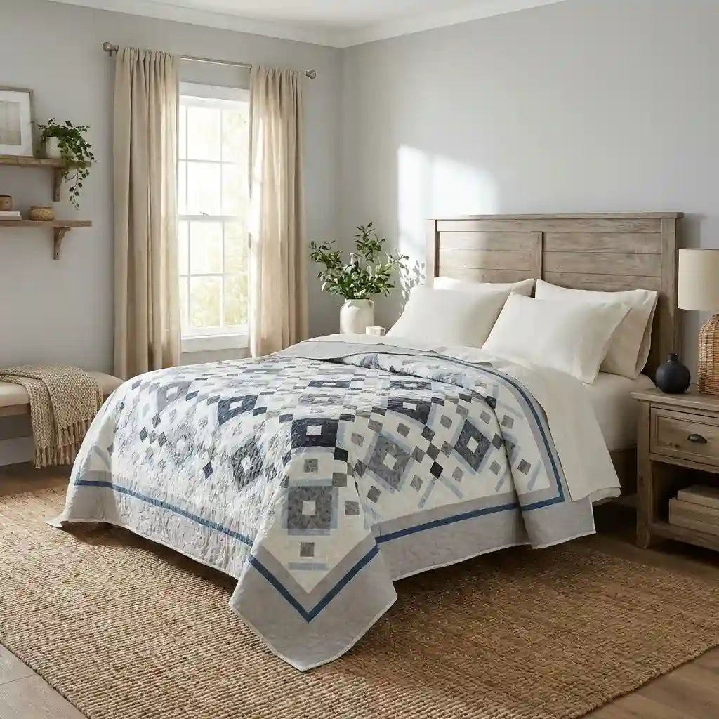 Modern black and white quilt shown in neutral farmhouse bedroom.