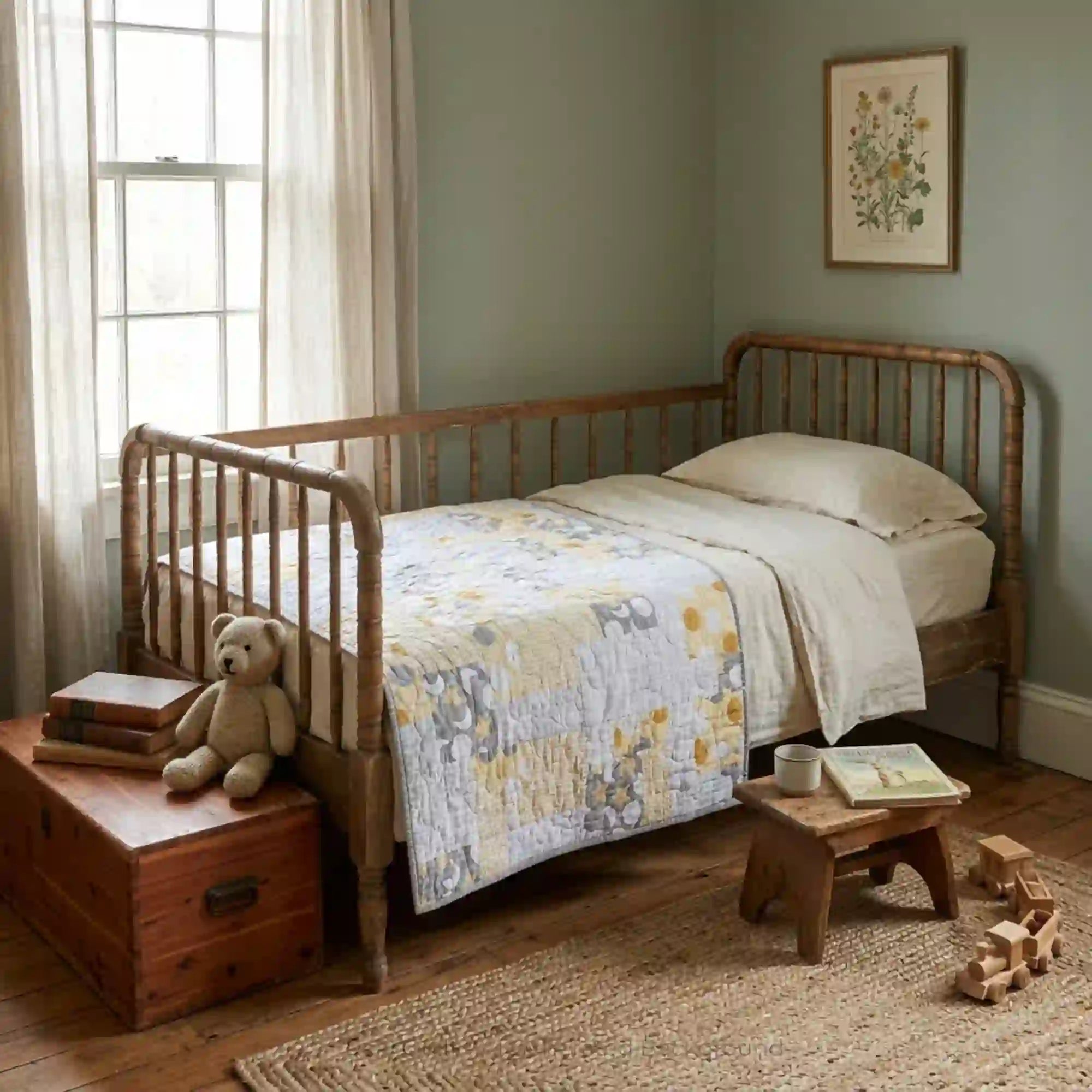 Quilt shown draped over a child's bed