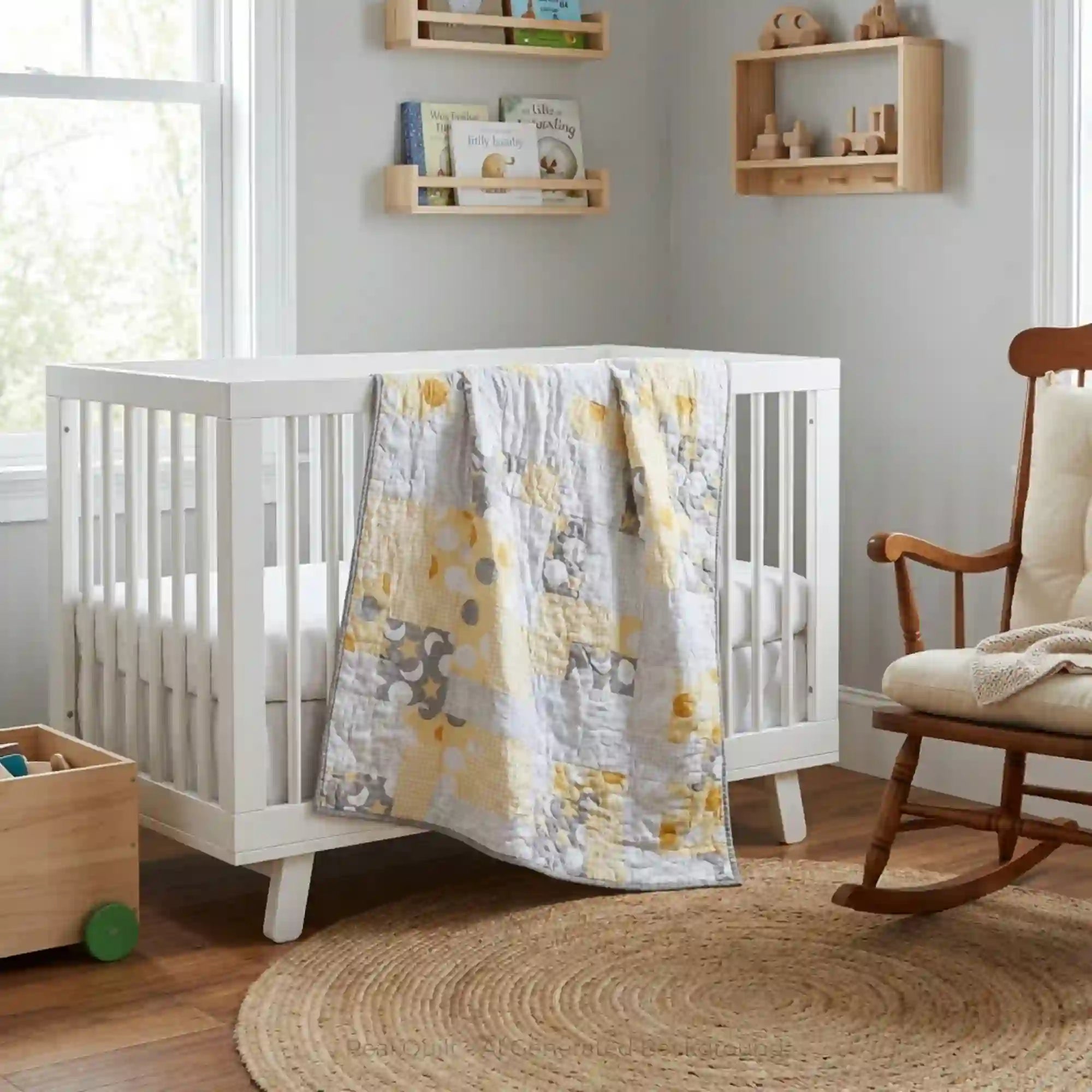 Quilt is shown draped over a crib in a neutral nursery