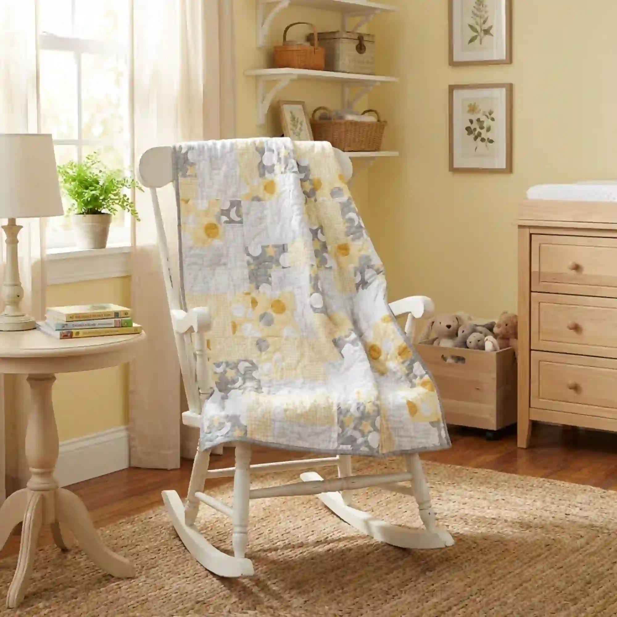 Quilt shown draped over a rocker in a yellow room