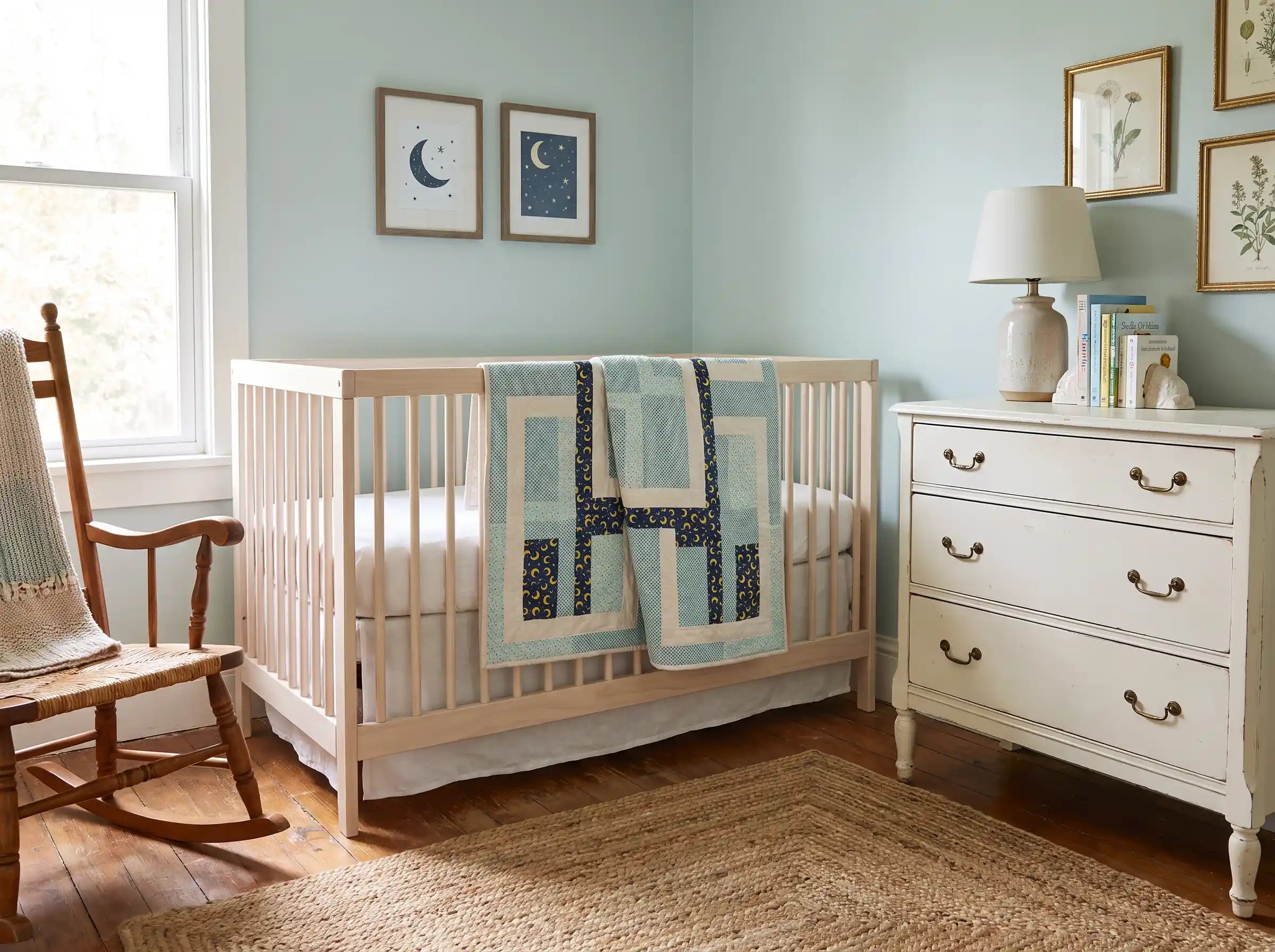 A light wood crib with Moonlit Pathways Baby Quilt draped over the side, set in a nursery with a white dresser, rocking chair, and light blue walls.