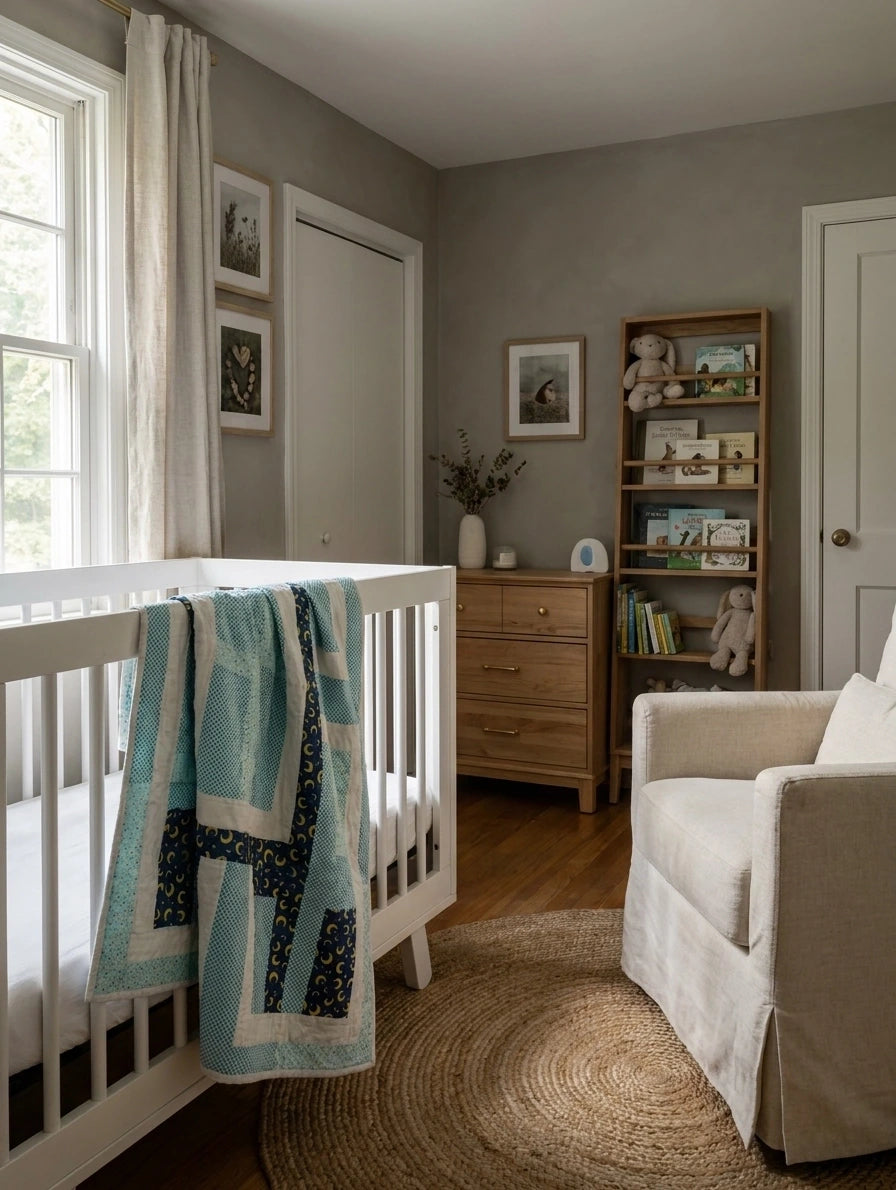 A styled nursery interior featuring a white wooden crib with Moonlit Pathways Baby  Quilt draped over the side, a beige armchair, a wooden dresser, and a tall bookshelf in a gray-walled room.