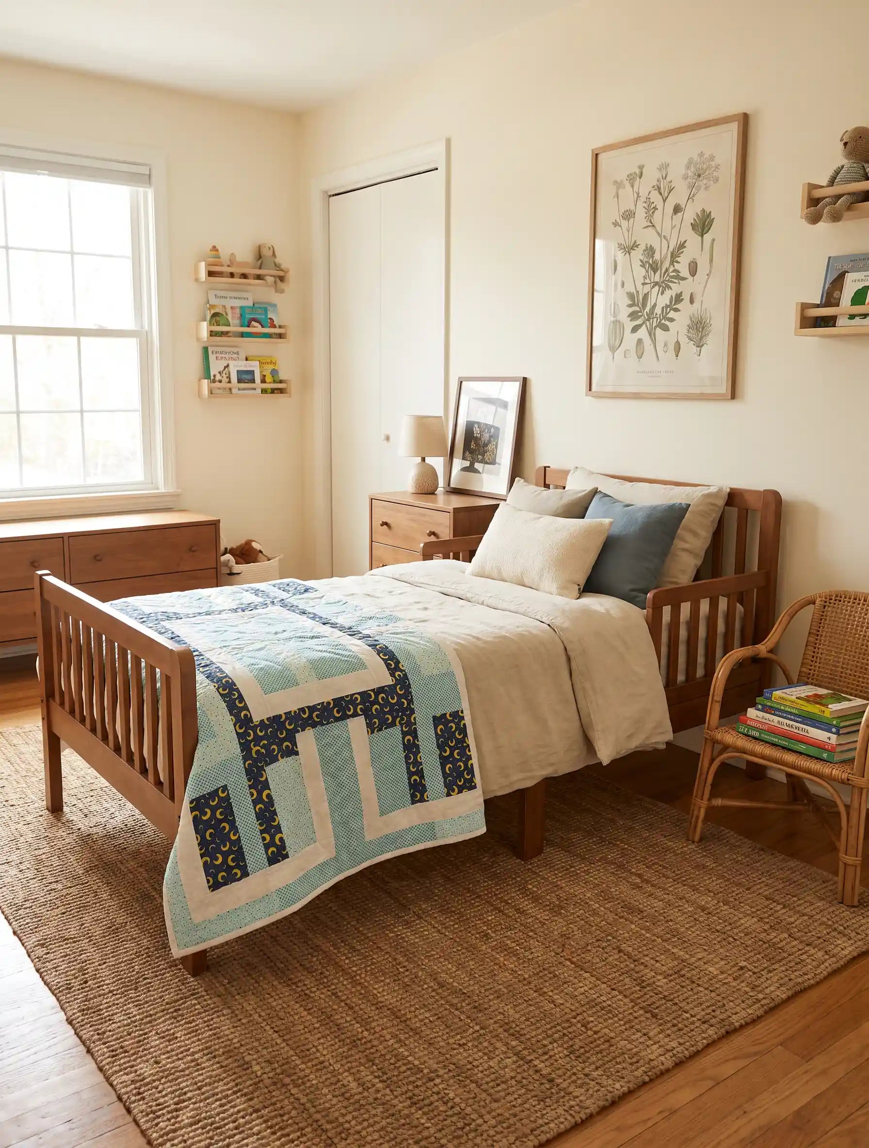 A wooden child's bed in a cozy, sunlit bedroom, styled with Moonlit Pathways Baby Quilt, beige and blue pillows, a woven jute rug, and a wicker chair with books.