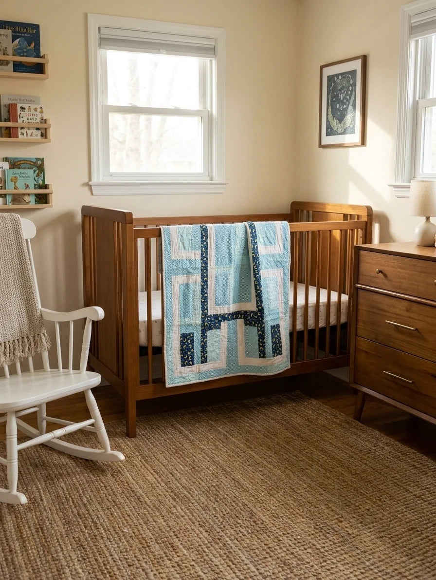 A wooden baby crib in a warm wood finish, styled in a cozy nursery with Moonlit Pathways Baby Quilt draped over the side, a white rocking chair, a wooden dresser, and a textured jute rug.
