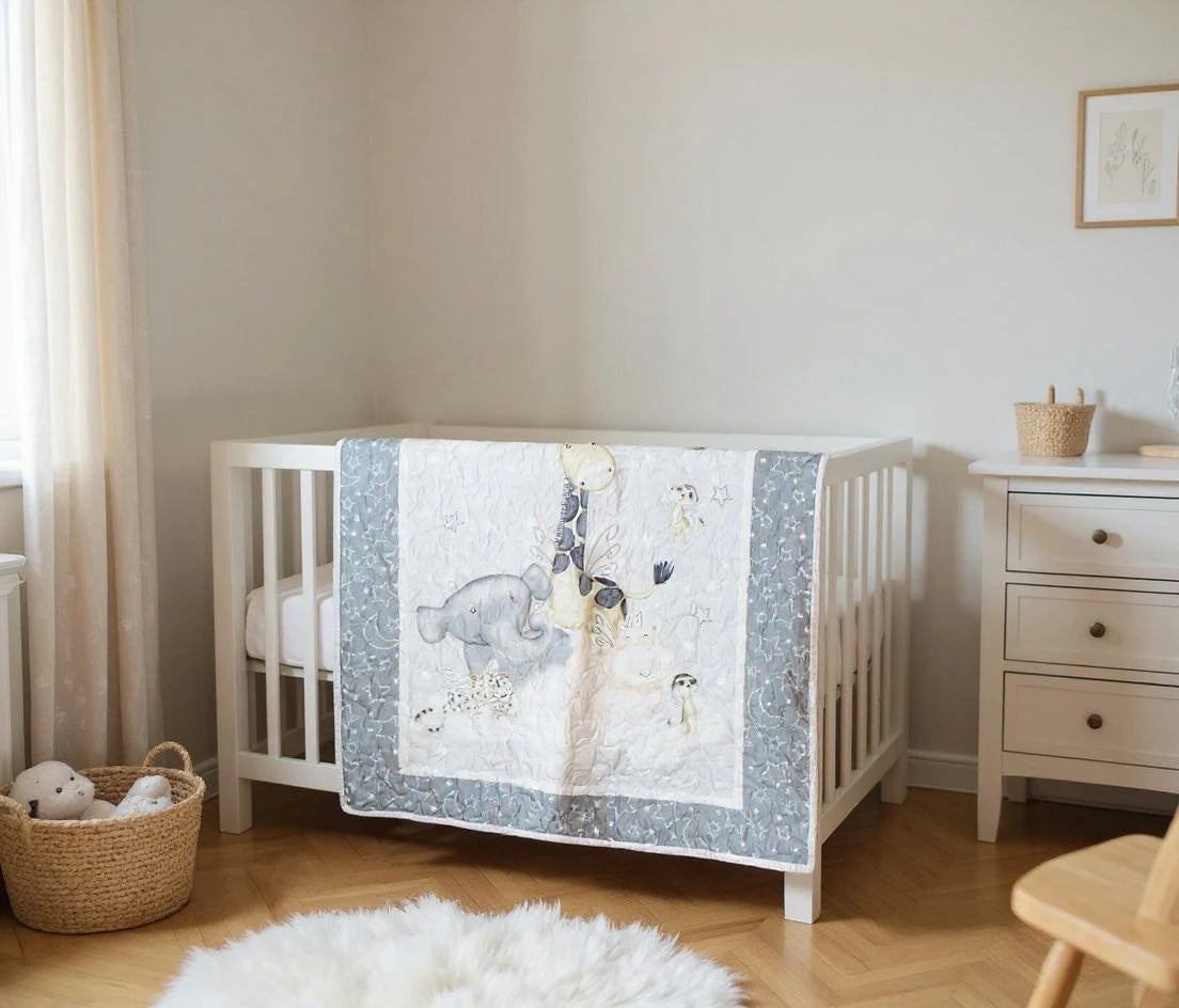 Modern safari-themed baby quilt displayed on white crib with dresser and woven accents in peaceful nursery