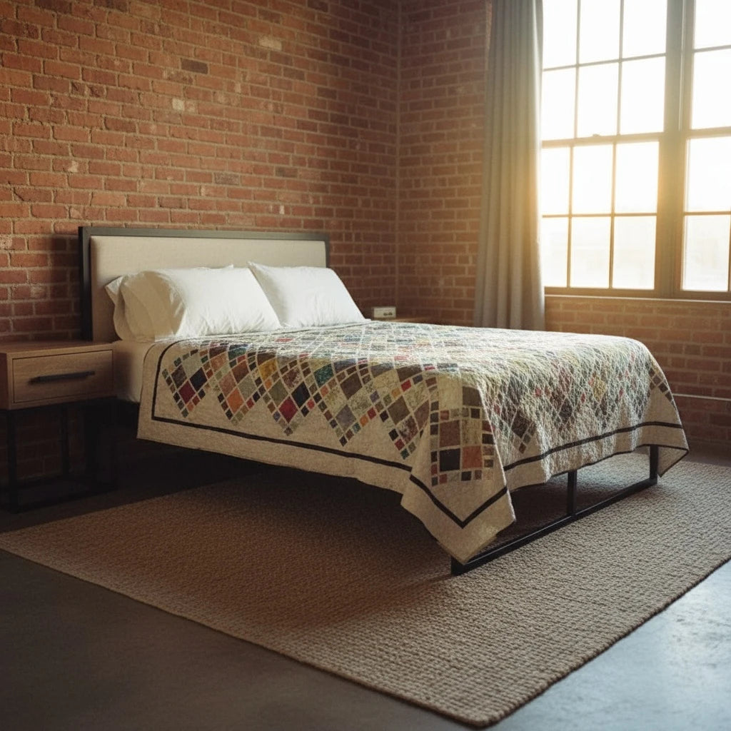 Handmade king quilt in deep indigo, parchment, and rust tones displayed in an industrial loft bedroom with brick walls and natural window light.