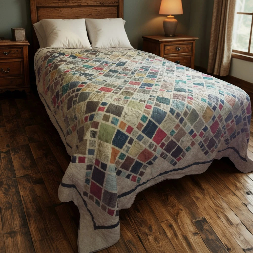 Handmade king quilt in earthy blue and rust shades styled in a bright farmhouse bedroom with light wood furniture and soft light.