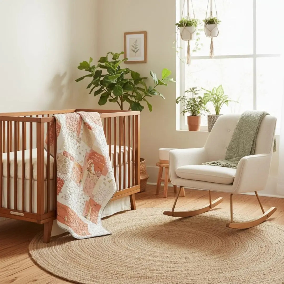 Handmade baby quilt draped over a warm wooden crib in an airy nursery with natural light and hanging plants, highlighting the peach and cream patchwork and soft quilting texture.