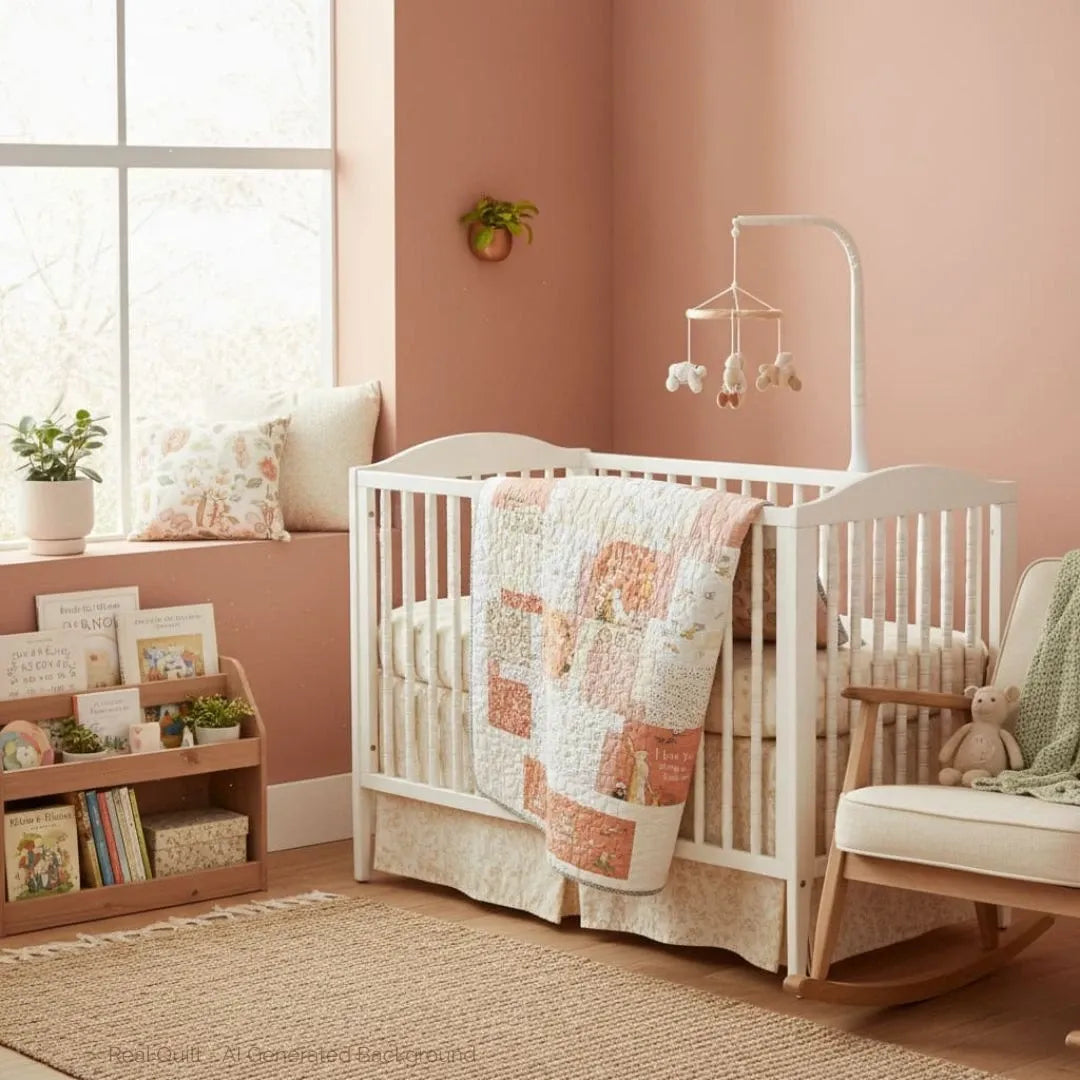 Baby quilt displayed over a white crib in a peach-toned nursery with a window seat and books, emphasizing the warm, cozy color palette and sweet hare illustrations.