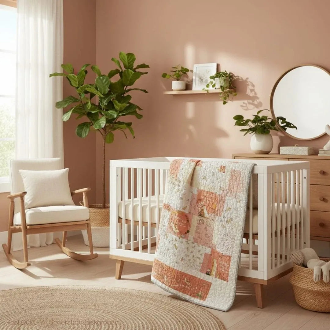 Handmade quilt draped over a modern white crib in a sunlit nursery with soft peach walls, plants, and a round wood-framed mirror, showing how the quilt pairs with warm, natural décor.