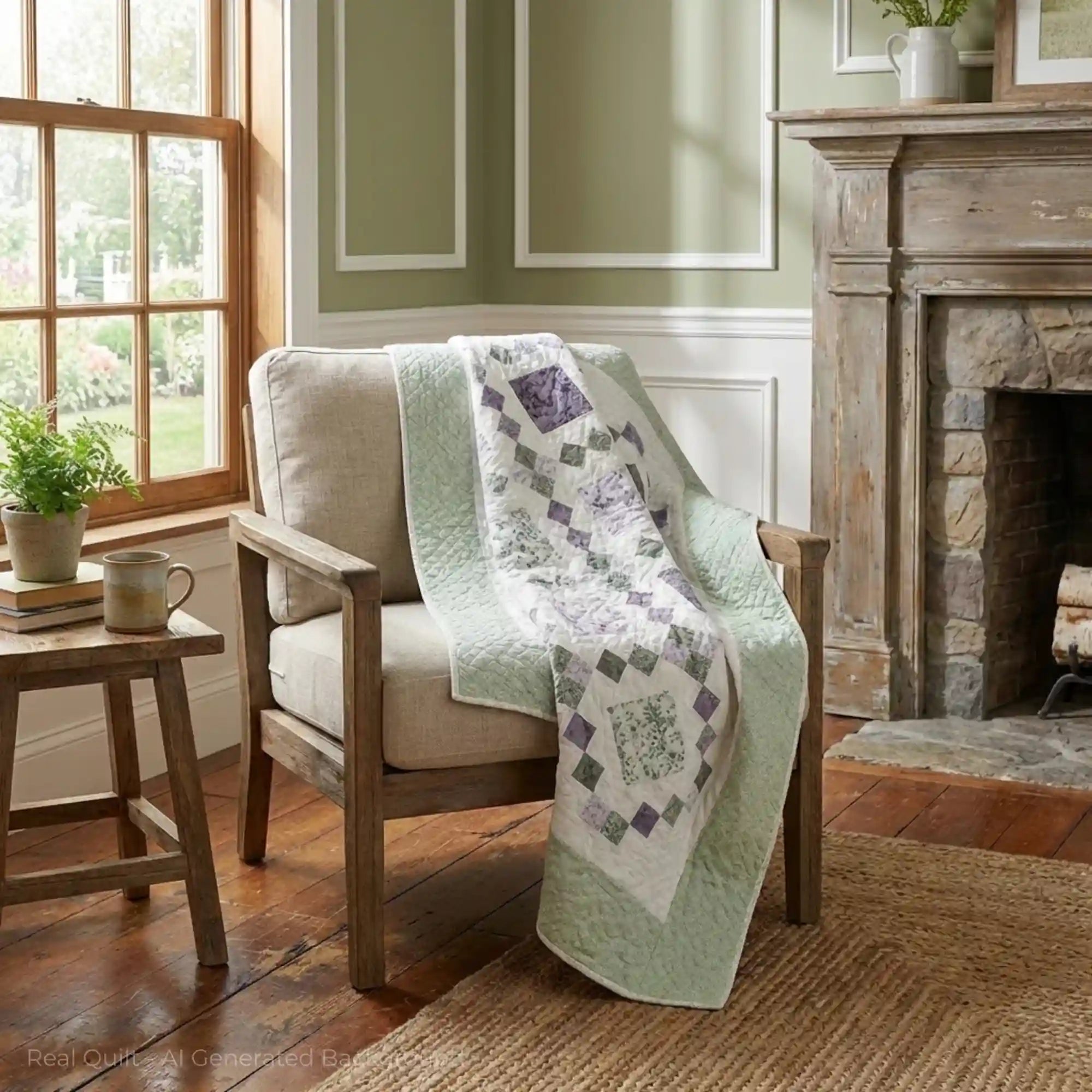 Quiet Meadow lap quilt draped over a chair in a cozy room with a fireplace and window.