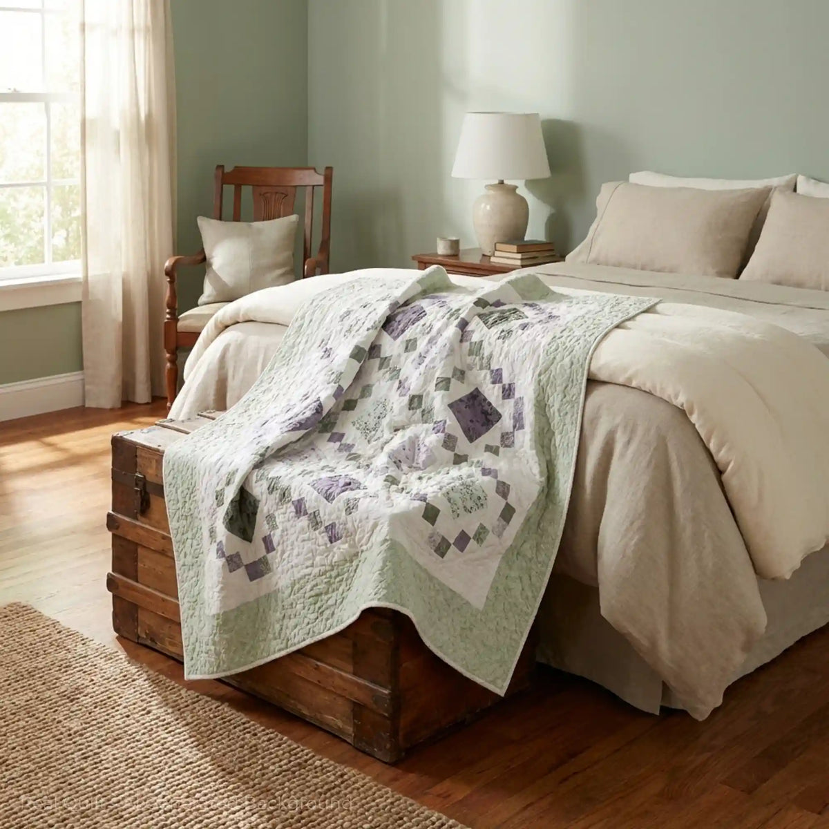 Bedroom with a bed featuring Quiet Meadow draped over a wooden chest.