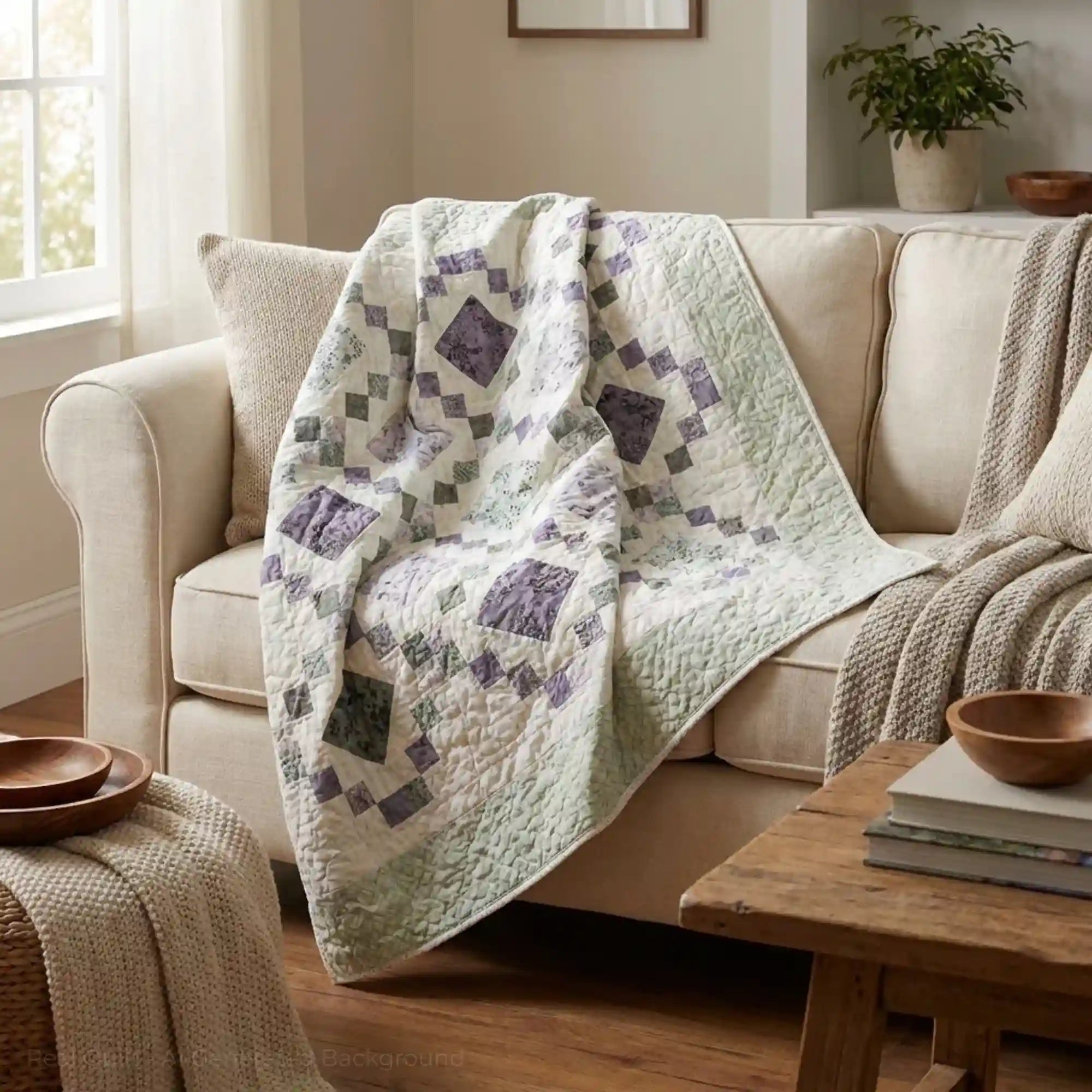 Quiet Meadow lap quilt draped over a beige sofa in a cozy living room.