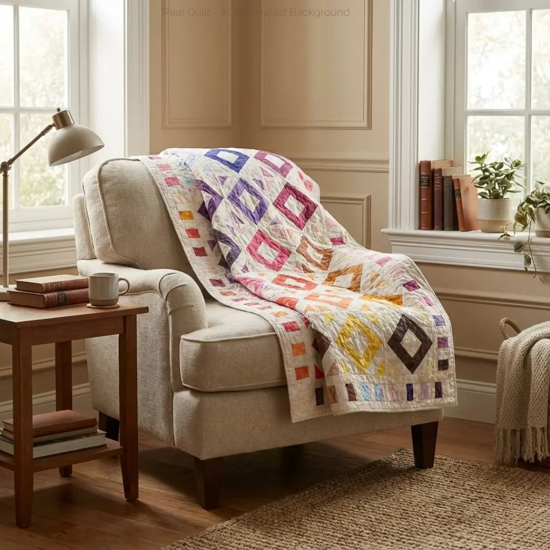 Handmade lap quilt shown on a cozy armchair in a corner reading nook.
