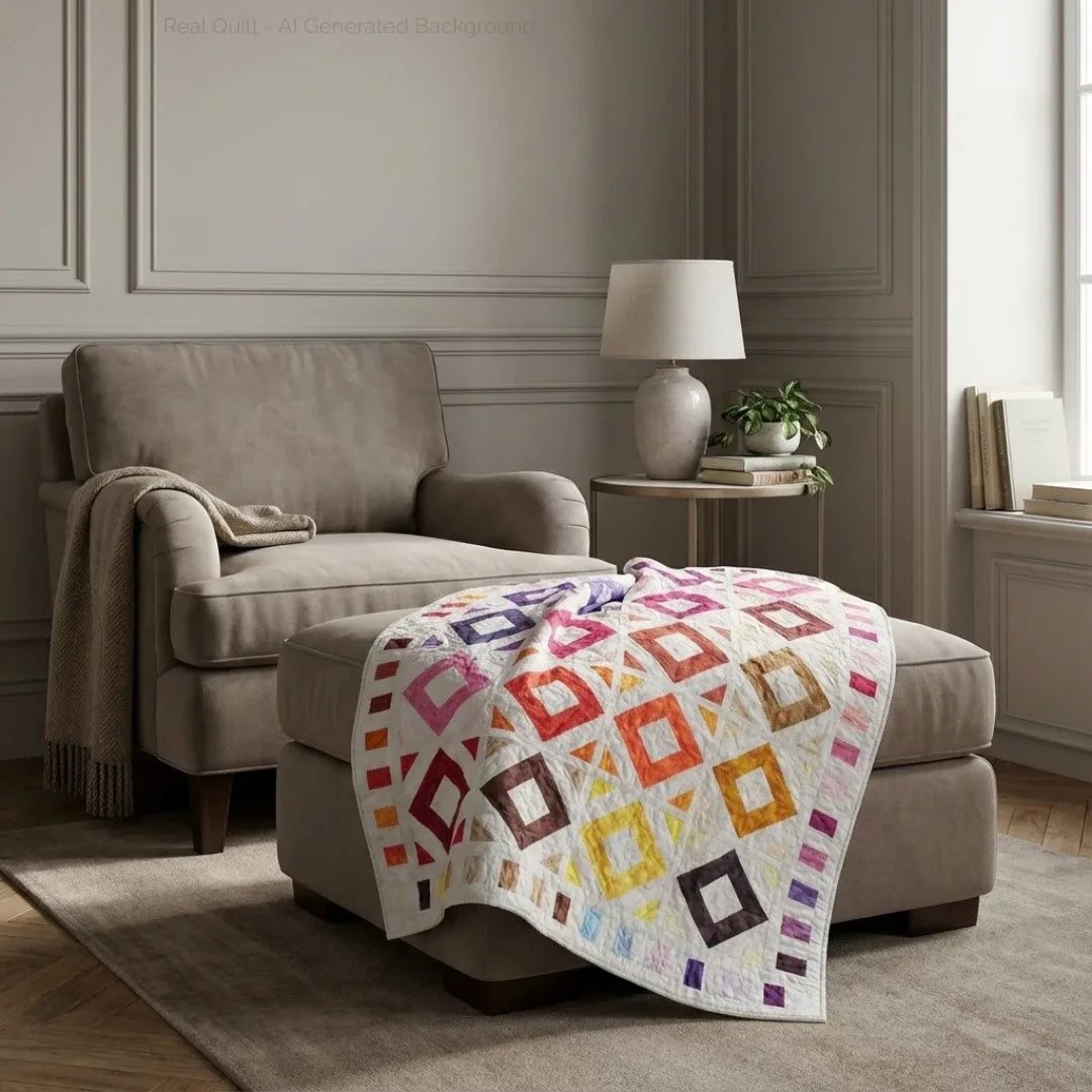 Handmade lap quilt shown on an ottoman in a gray living room