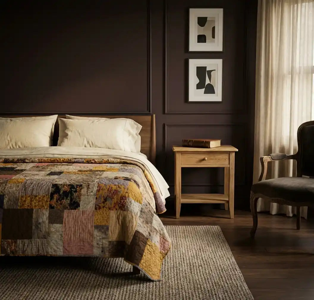 Retro-Mod Orchid King in a dark sophisticated bedroom with a neutral run and wood floors