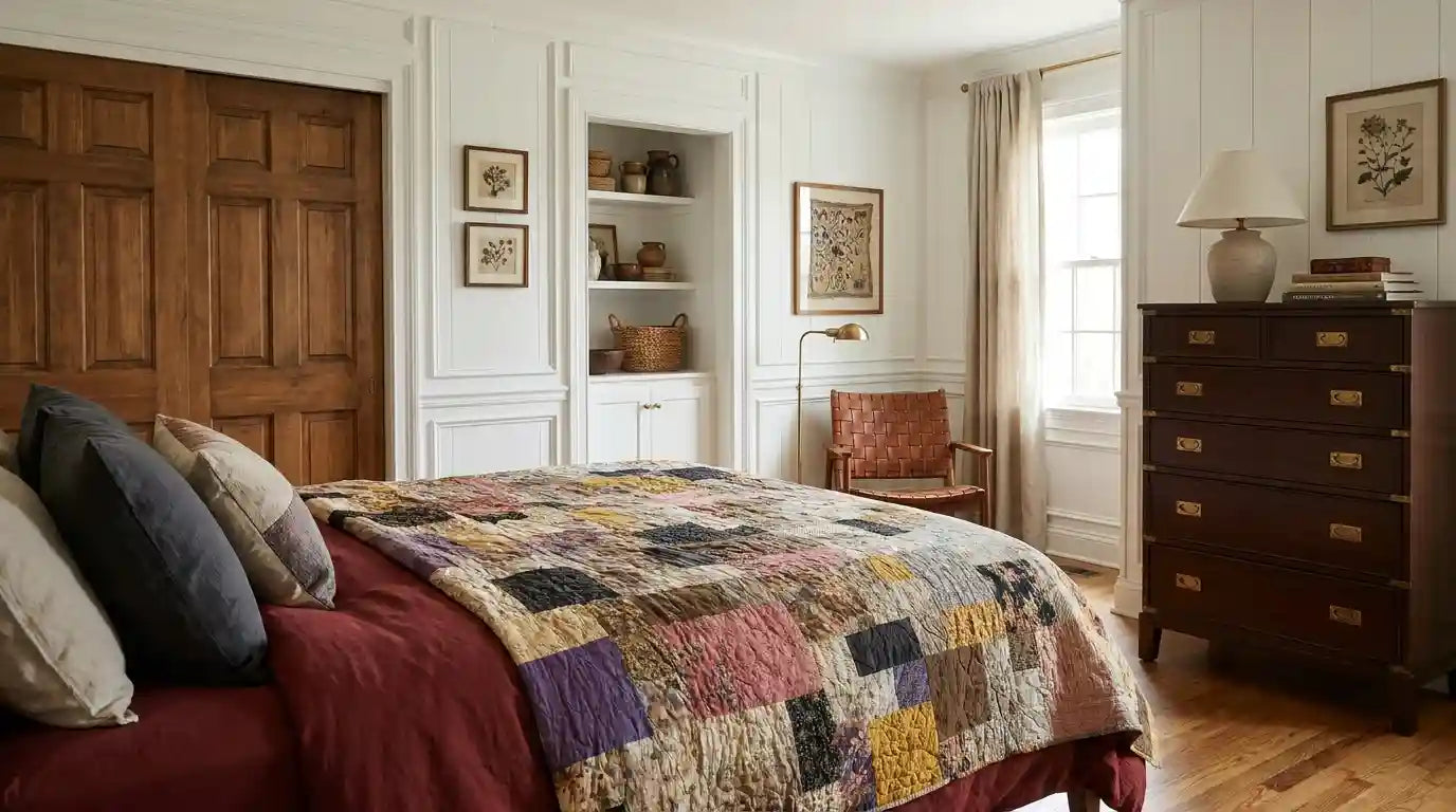 Retro-Mod Orchid King quilt shown on a bed in a modern farmhouse styled bedroom.