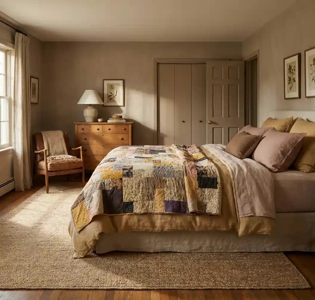 Retro-Mod Orchid King quilt shown in a typical bedroom neutrally decorated.