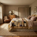Retro-Mod Orchid King quilt shown in a typical bedroom neutrally decorated.