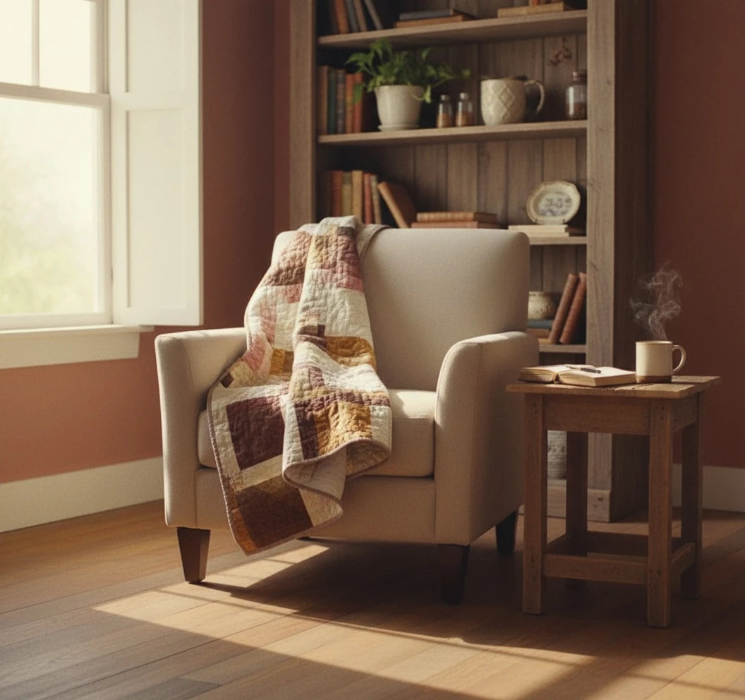 Rose gold handmade quilt draped over the side of a chair in a reading nook