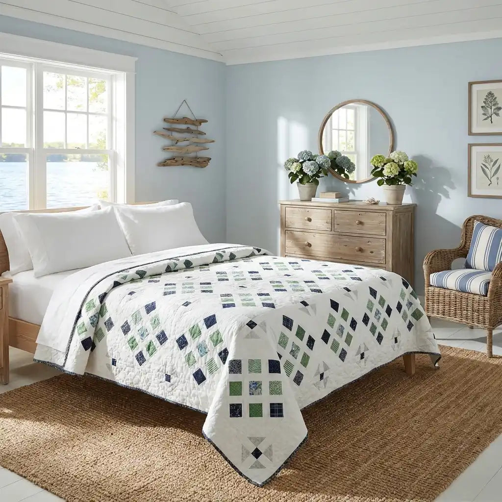 Shoreline quilt on bed in lakehouse inspired bedroom