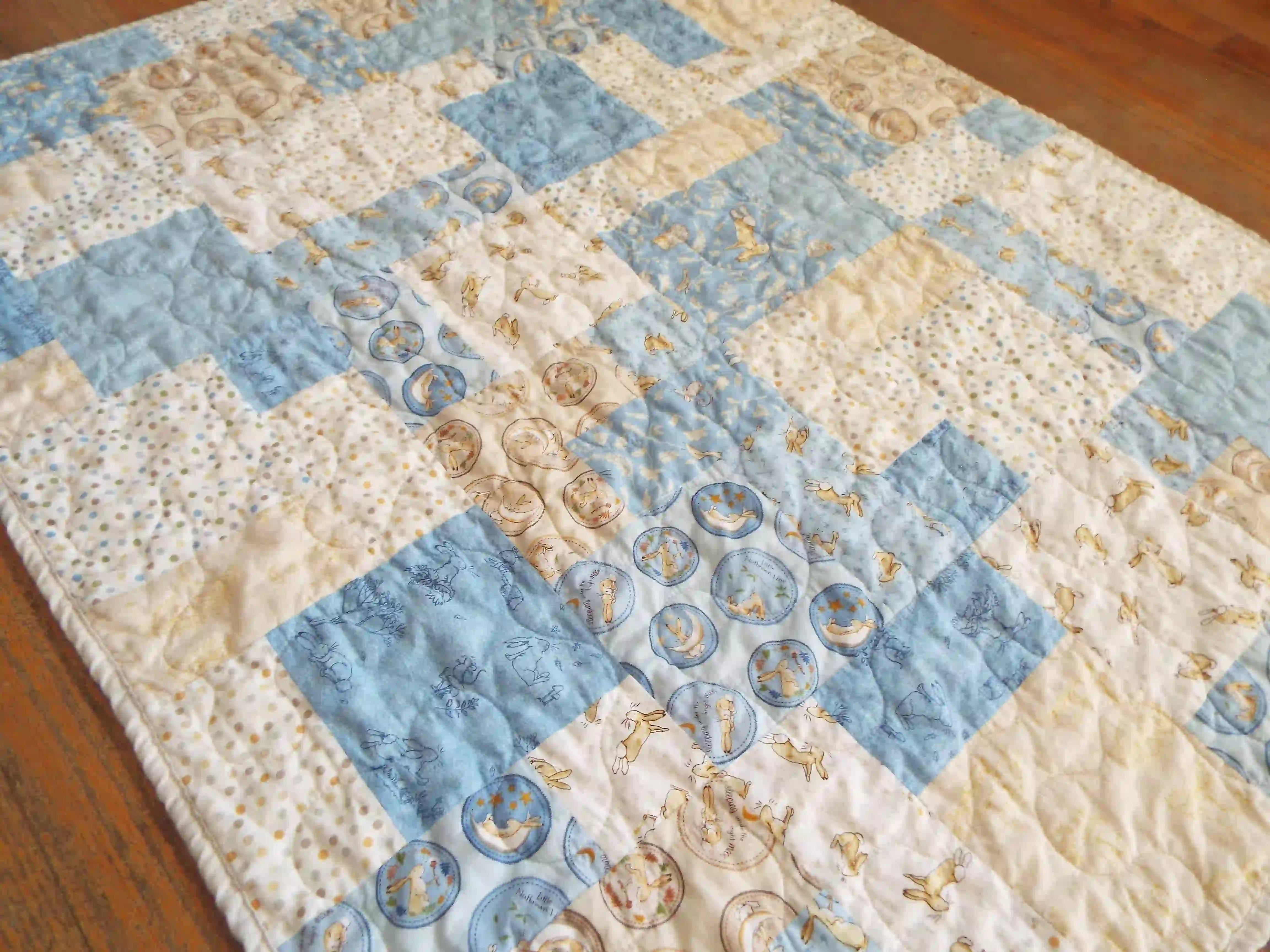 Angled lay of quilt showing stitching detail and close up of fabrics