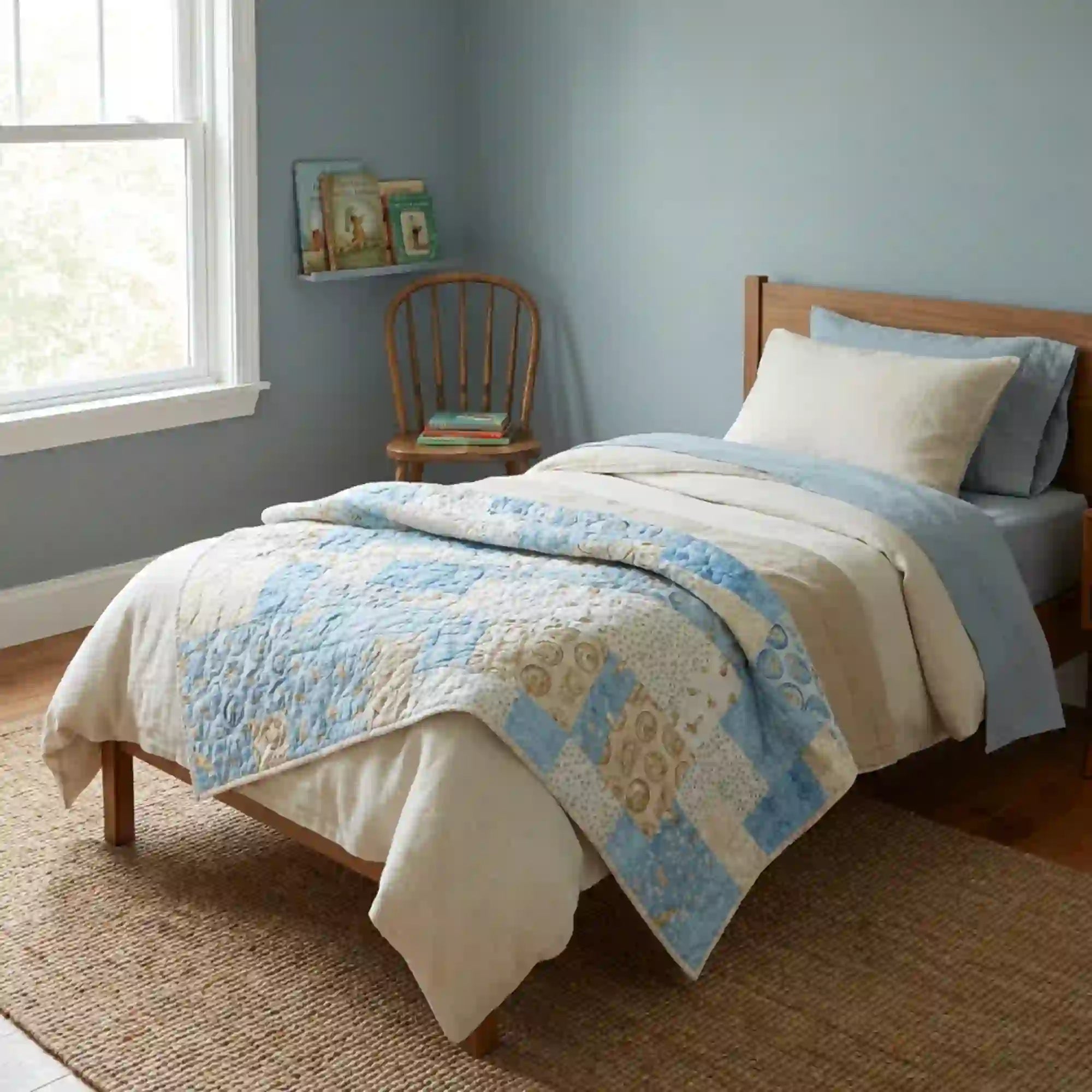 Quilt shown laid over a child's bed in a blue bedroom